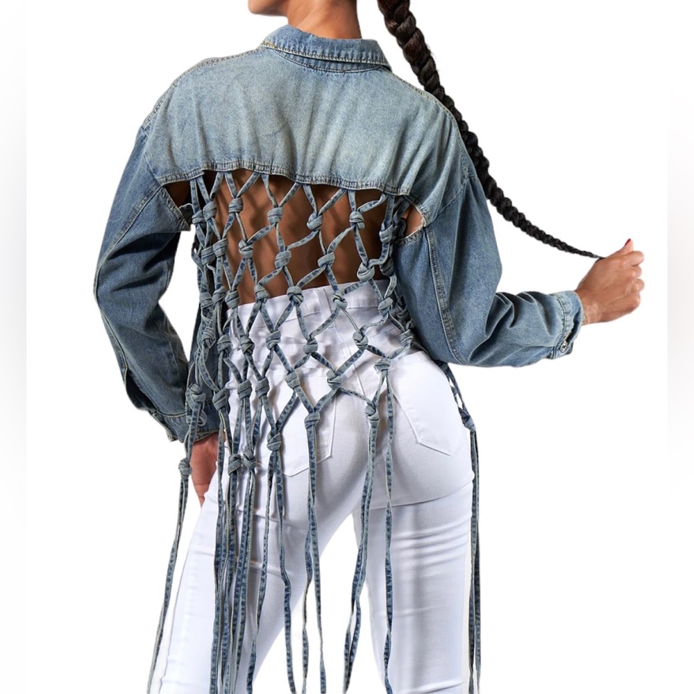 Blue Denim Fringe Knotted Caged Open Back Jeans Jacket‎ | Women’s Plus One Size